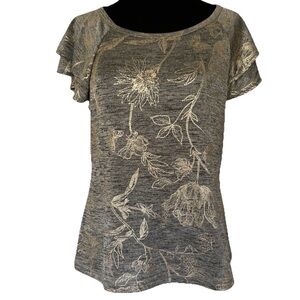 White House Black Market Metallic Botanical Floral Gray Silver Ruffled Sleeve